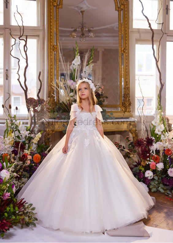 Beaded Ivory Lace Glitter Tulle Floor Length Flower Girl Dress